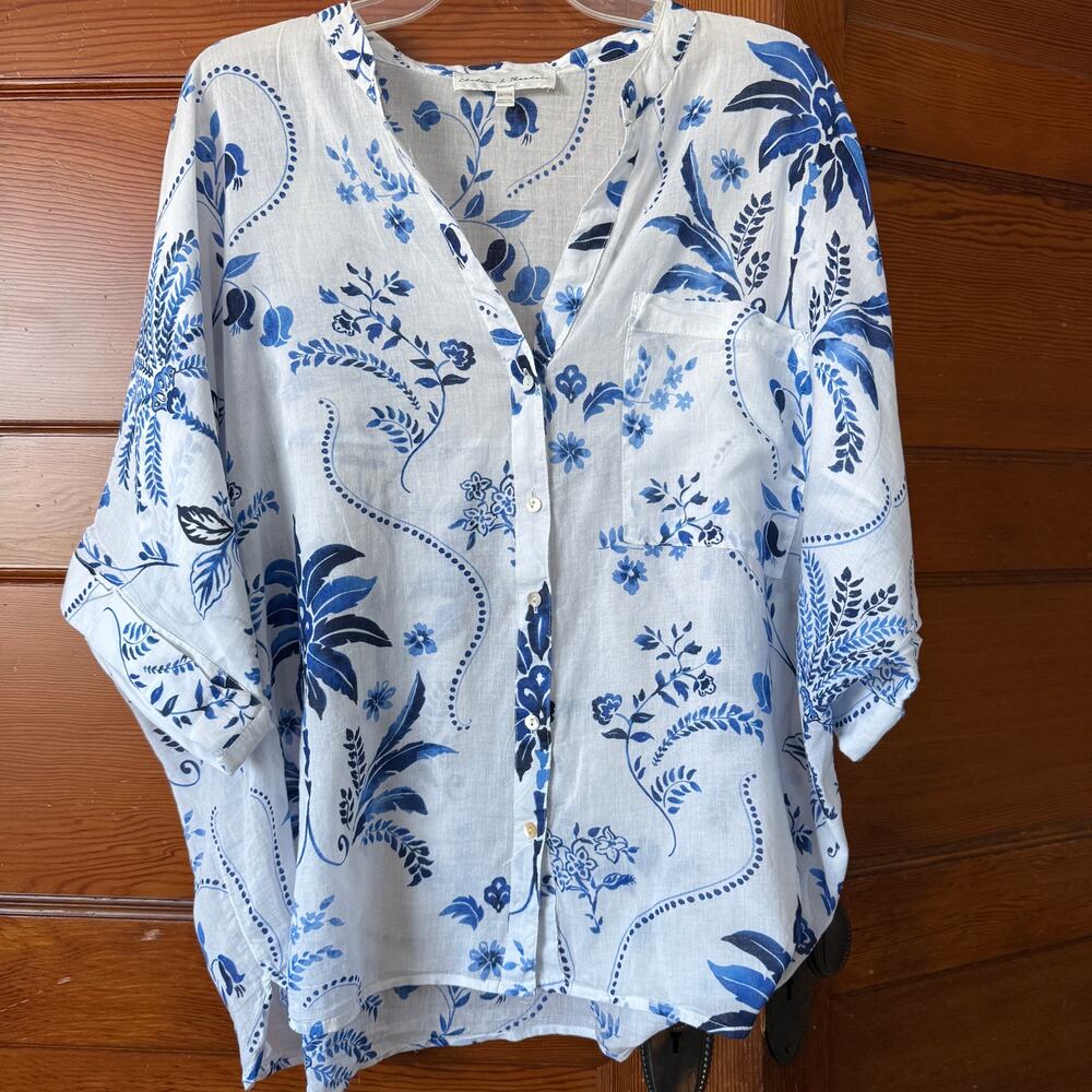 Chelsea & Theodore 2X Blue White Floral Cotton Gauze Blouse Tunic Boho Resort
